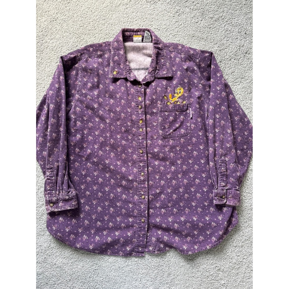 Vintage Looney Tunes Tweety Bird Purple Floral Corduroy Button Down Shirt 22W/24